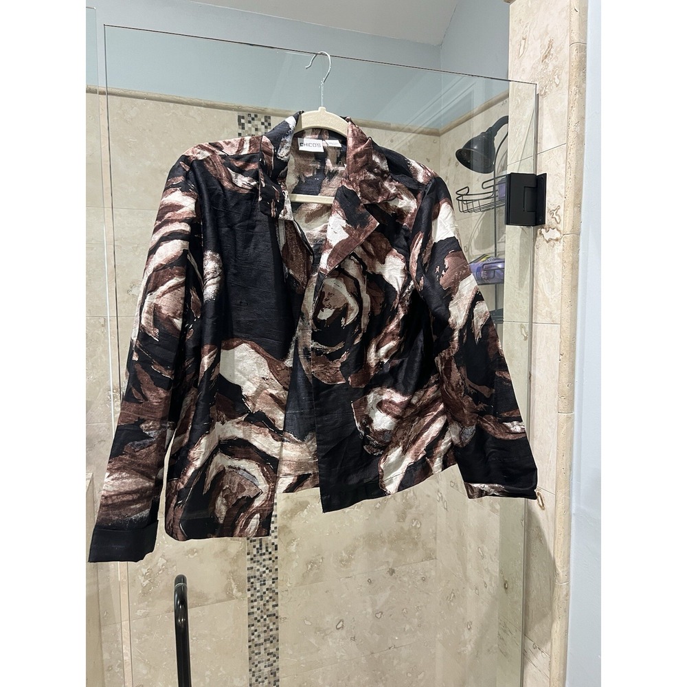 Chico's Silk Raw Art Jacket Cardigan Open Front Top Black Brown White Size 1 M